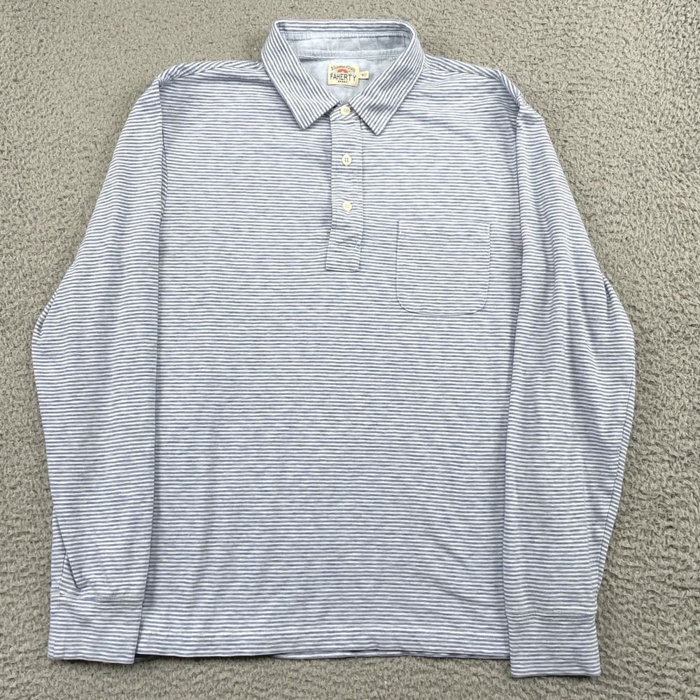 Faherty Polo Shirt Mens M Blue Heather Stripe Long Sleeve Pocket Knit Top